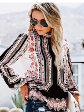 Boho Stripe Floral Long-Sleeve Top - Black & Pink